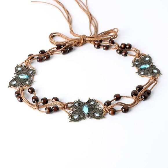 Boho Butterfly Rhinestone Blue Turquoise And Brown Beaded Woven Soft Tie Belt - Picture 8 of 12
